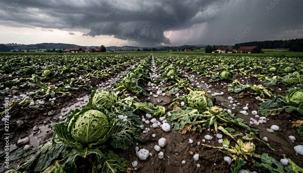 Fototapeta premium Severe hail damage seen in cabbage field during storm in agricultural area
