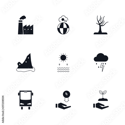 Climate Change Icon Set Causes, Effects, and Eco-Friendly Solutions Vector Illustration