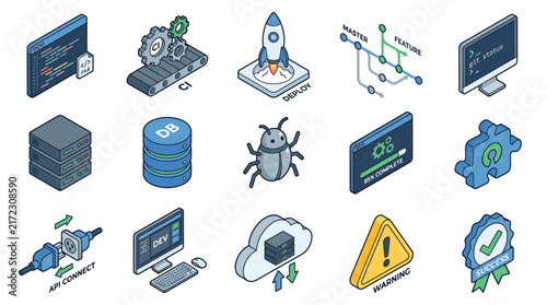 Isometric technology icons, software development symbols, IT support collection, computer coding graphic set, debugging and cloud storage vector illustrations isolated on White Background