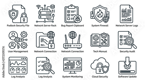 Cybersecurity and network administration vector icons, IT infrastructure security line art set, system monitoring and data protection web graphics isolated on White Background