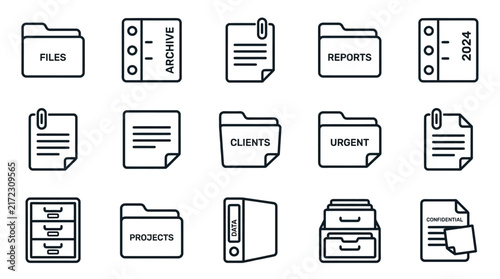 Minimalist document management icons, office file folders and archive storage vector set, business administration outline symbols isolated on White Background