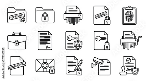 Confidential document security line icons, classified information protection vector set, data privacy and secret folder linear symbols isolated on White Background