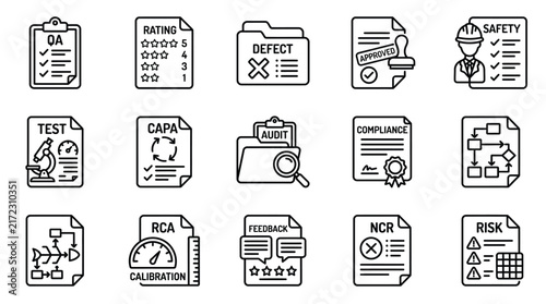 Quality assurance line icons set, 15 business compliance and audit symbols, industrial safety and risk management vector collection isolated on White Background