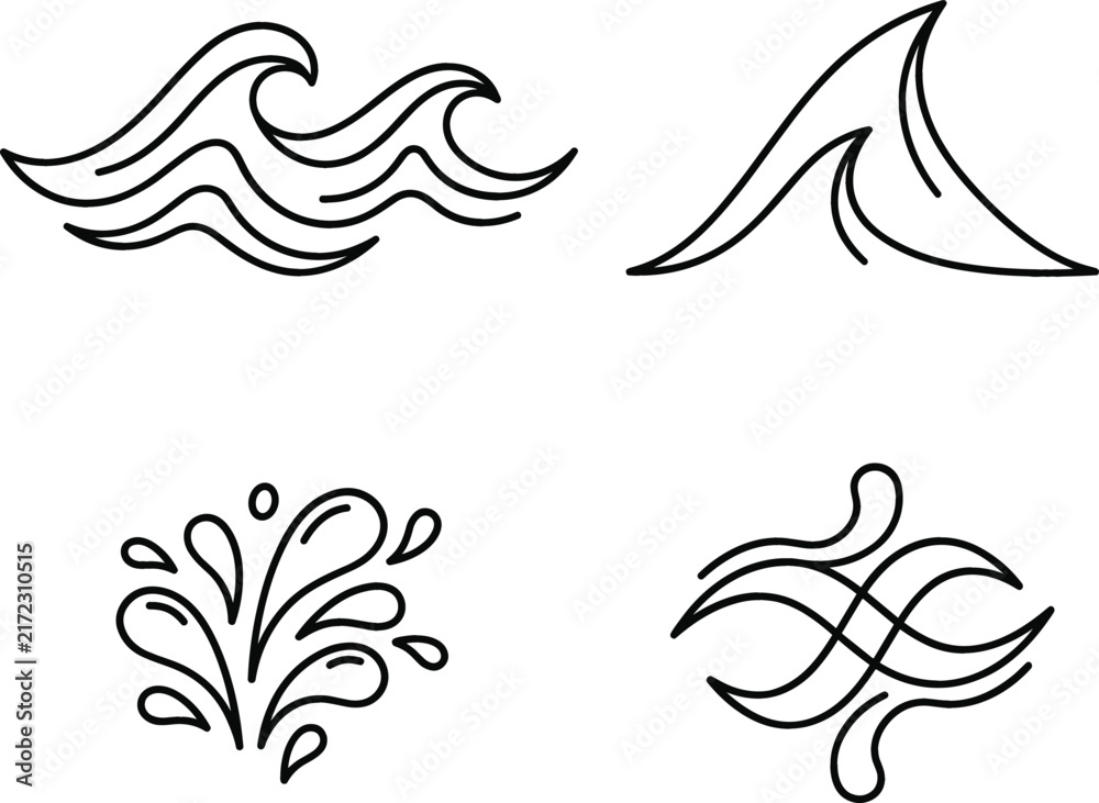 Fototapeta premium Sea water waves outline icon set with ocean surf splashes and liquid fluid design elements
