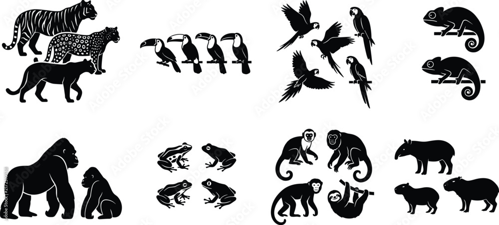 Naklejka premium Black Silhouette Wildlife Animal Icons Set Featuring Big Cats Birds Primates and Amphibians
