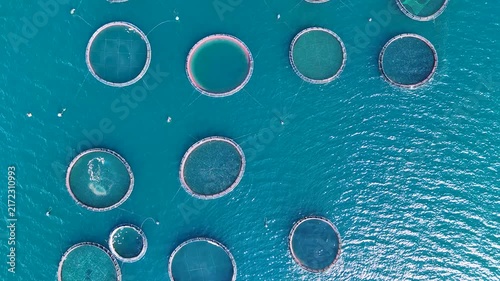Aerial top down view of a large fish farm in Corfu