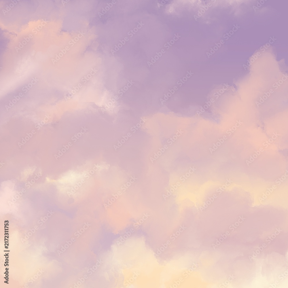 Obraz premium Soft pastel watercolor clouds in pink, lavender, peach and cream tones creating a dreamy atmospheric background with gentle artistic texture and spacious composition.