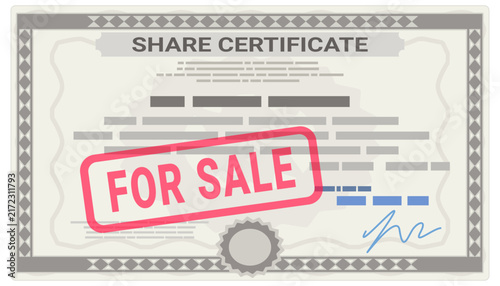 Corporate share certificate financial security with red For Sale stamp representing equity acquisition, stock market trading, and company divestment (cut out)