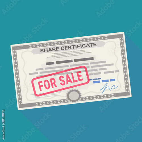 Corporate share certificate with For Sale stamp on teal background representing secondary market trading, company equity acquisition, and stock divestment