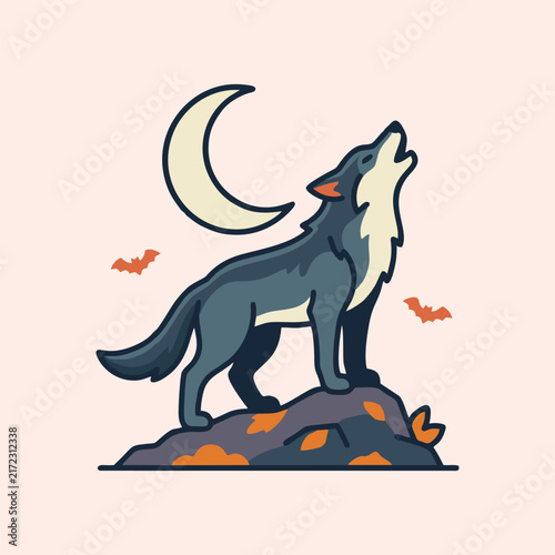 Halloween Howling Wolf with Moon Cartoon Vector Illustration