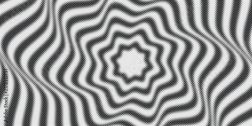 Abstract halftone star wave background design with hypnotic optical illusion concentric circles vector template for modern psychedelic graphic art projects.