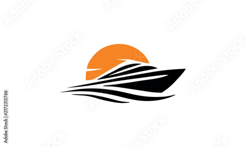Luxury cruise ship logo symbol with sunset sun and waves. Travel and holiday logo shape with ship