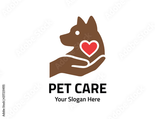Pet care logo with dog profile silhouette and red heart held in human hand. Veterinary and Pet treatment logo shape