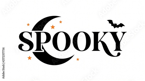 Spooky text design with a black crescent moon stars and a flying bat isolated on a white background