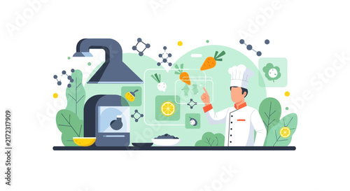 Future Food Science Concept with Chef and Digital Interface Flat Vector Illustration