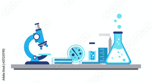 Flat Vector Illustration of Science Laboratory Equipment with Microscope and Beaker
