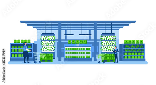 Futuristic indoor vertical farm grocery store flat vector illustration with shoppers