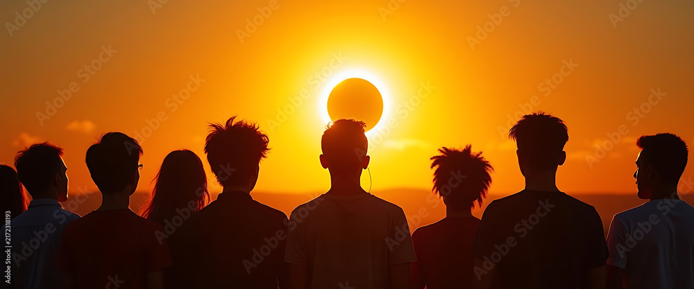 Fototapeta premium Many men and women viewing intense solar eclipse with sun halo during daytime gathering event.