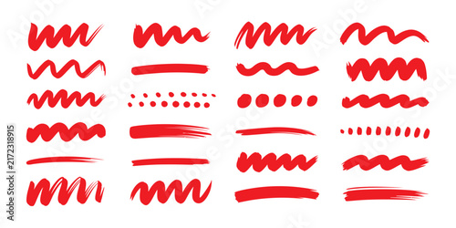Red Line Doodle Set, Brush Pen Strokes Strike Through Marks Notes and Grunge Sketch Graphics