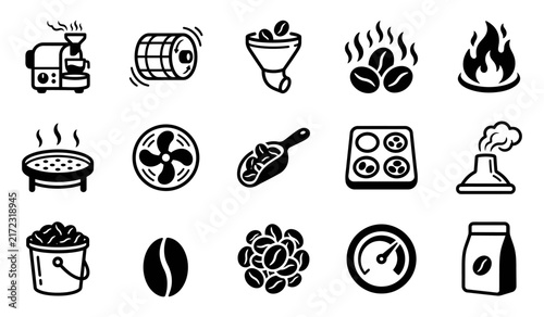 Collection of coffee processing elements vector featuring beans cherries roasting equipment and farm production stages for cafe branding