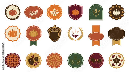 Vintage autumn icons set, retro pumpkin symbols, woodcut acorns and medals, flat fall badges for labels Halloween