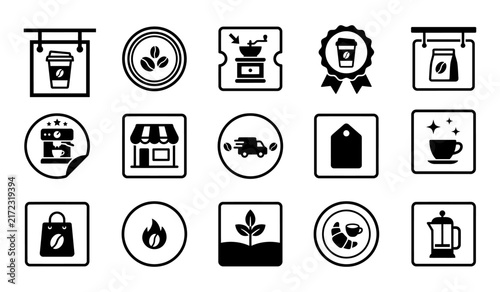 Collection of coffee shop sale vector promotional elements and cafe menu design icons for marketing materials