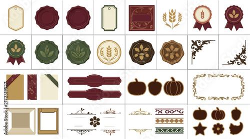 Vintage autumn icons in muted tones. Rustic food labels with wheat, pumpkin, and leaf motifs. Elegant frames with retro ribbons, tags, and dividers for organic product design. Halloween