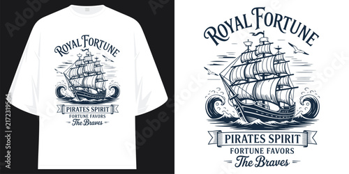 royal fortune pirates spirit fortune favors the braves t-shirt design with nautical sailing ship ocean wave vector illustration artwork