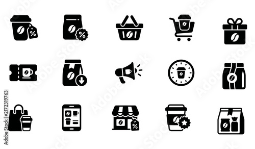 Collection of coffee shop sale vector promotional elements with beverage icons and discount typography for cafe marketing materials