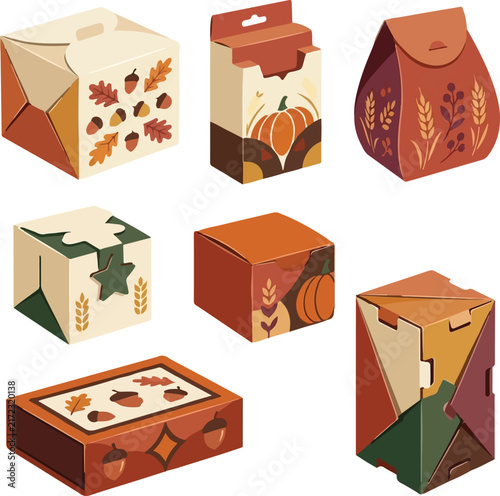 Holiday Seasonal Packaging Boxes Set. Takeout Containers With Pumpkin, Acorn, Leaf And Wheat Motifs. Autumn Food Delivery Design Templates. Natural Kraft Cardboard Graphic Elements For Bakery