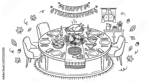 Thanksgiving dinner party table setting illustration, hand drawn turkey centerpiece, autumn leaves decoration, black and white line art for coloring pages, recipe book design element