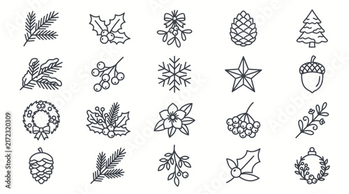 Christmas botanical line art collection, 20 vintage hand drawn winter holiday elements, vector illustrations of cones, leaves, wreaths and branches