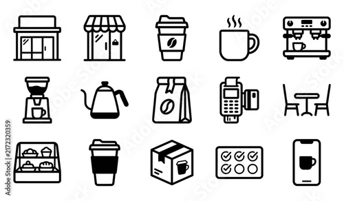 Collection of coffee shop vectors design elements featuring cafe equipment beverage icons and barista tools for cafe branding