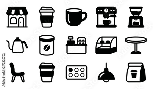 Collection of coffee shop equipment vectors and barista tools for cafe branding and menu design elements