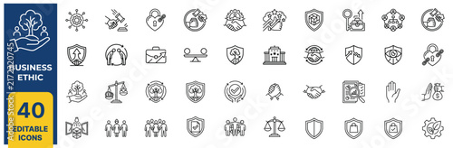 Business Ethic line icon set. Containing business, ethic, trust, compliance, integrity, moral, honesty, equality, justice, transparency, fairness, and more. Vector illustration