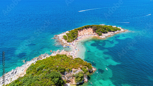 Фотография Aerial drone view of the twin Ksamil islands (Ishujt Binjakë), turquoise waters,