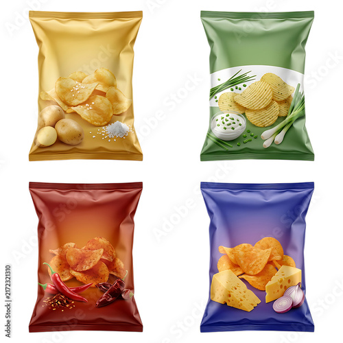 Set of four different potato chip bags with various flavors like original sour cream chili and cheese snacks in realistic plastic packaging for food advertising