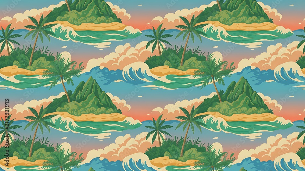 Beautiful vector tropical seamless pattern with hand drawn paradise islands with mountains and palm trees on beaches with ocean and clouds in sky. Ready tropical print design. 