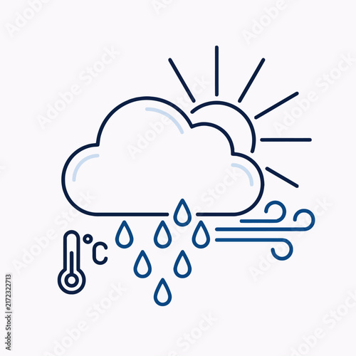 Rainy Weather with Cloud, Wind, Sun and Temperature Illustration