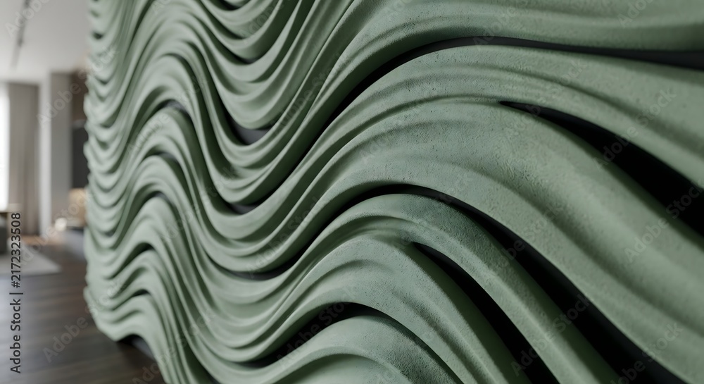 Fototapeta premium Parametric architectural acoustic wall panel with sweeping continuous matte green waves
