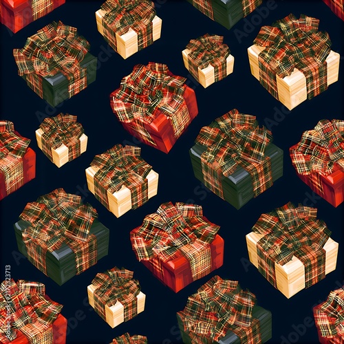 Repeating pattern of Christmas gifts with tartan ribbons on dark background