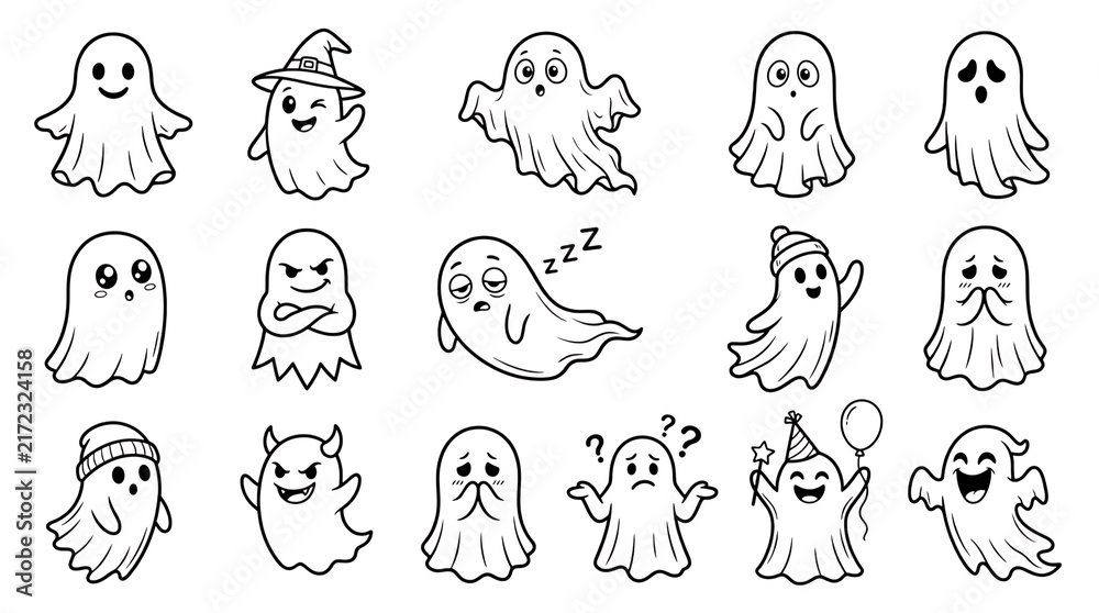 Fototapeta premium Set of cute cartoon ghosts with different emotions and accessories, Halloween, Halloween 2026, Halloween png, Halloween element, isolated on transparent background