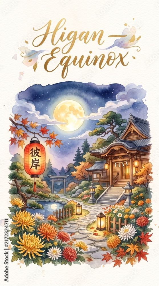 Fototapeta premium Higan equinox greeting card with japanese temple, red lantern and full moon at night. Autumn chrysanthemums and maple leaves in shrine garden. Watercolor illustration concept.