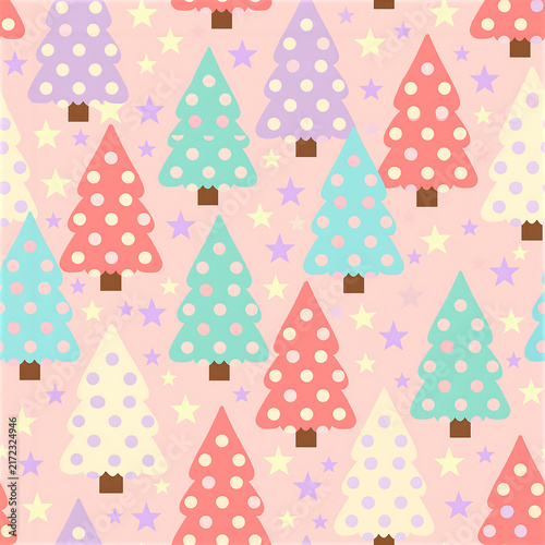 Seamless pastel Christmas tree pattern in playful colors and shapes