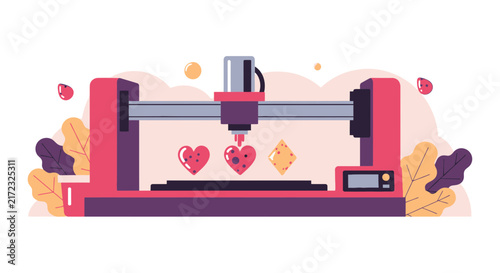 3D Printer Flat Vector Illustration Printing Hearts and Geometric Shapes