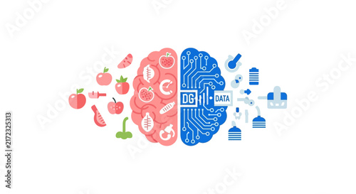 Brain Split Illustration Combining Organic Nutrition and Digital Data Science