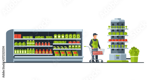 Modern Supermarket with Vertical Hydroponic Farm and Fresh Produce Shelves