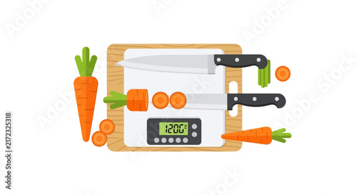 Flat Vector Illustration of Kitchen Scale, Cutting Board, and Carrots