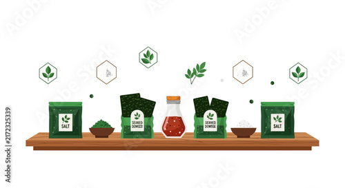 Flat Vector Illustration of Seaweed Snacks and Seasonings on a Wooden Shelf