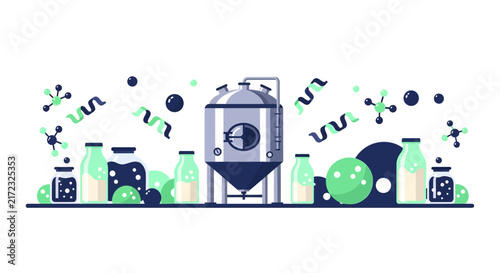 Dairy Production and Biotechnology Flat Vector Illustration with Industrial Tank and Milk Bottles